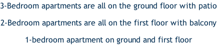 3-Bedroom apartments are all on the ground floor with patio 2-Bedroom apartments are all on the first floor with balcony 1-bedroom apartment on ground and first floor